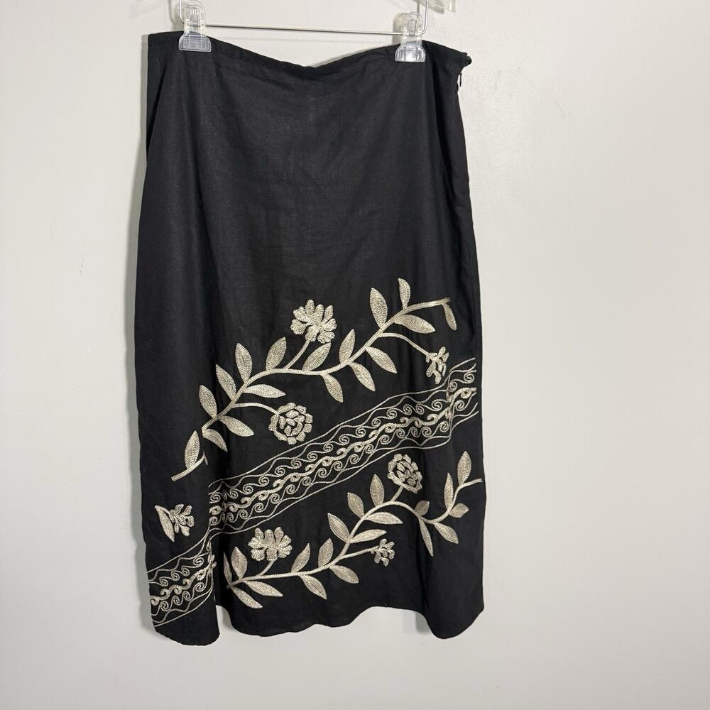 Saint Tropez West Maxi Skirt 12 Black Linen Blend A-Line Floral Embroidery